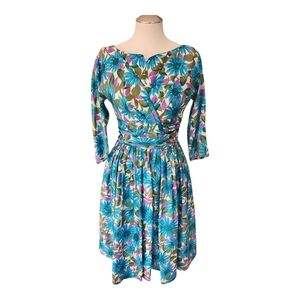 Vintage Carol Craig New York 1960s Floral Dress Size 10 Cinched Waist Fit & Flar